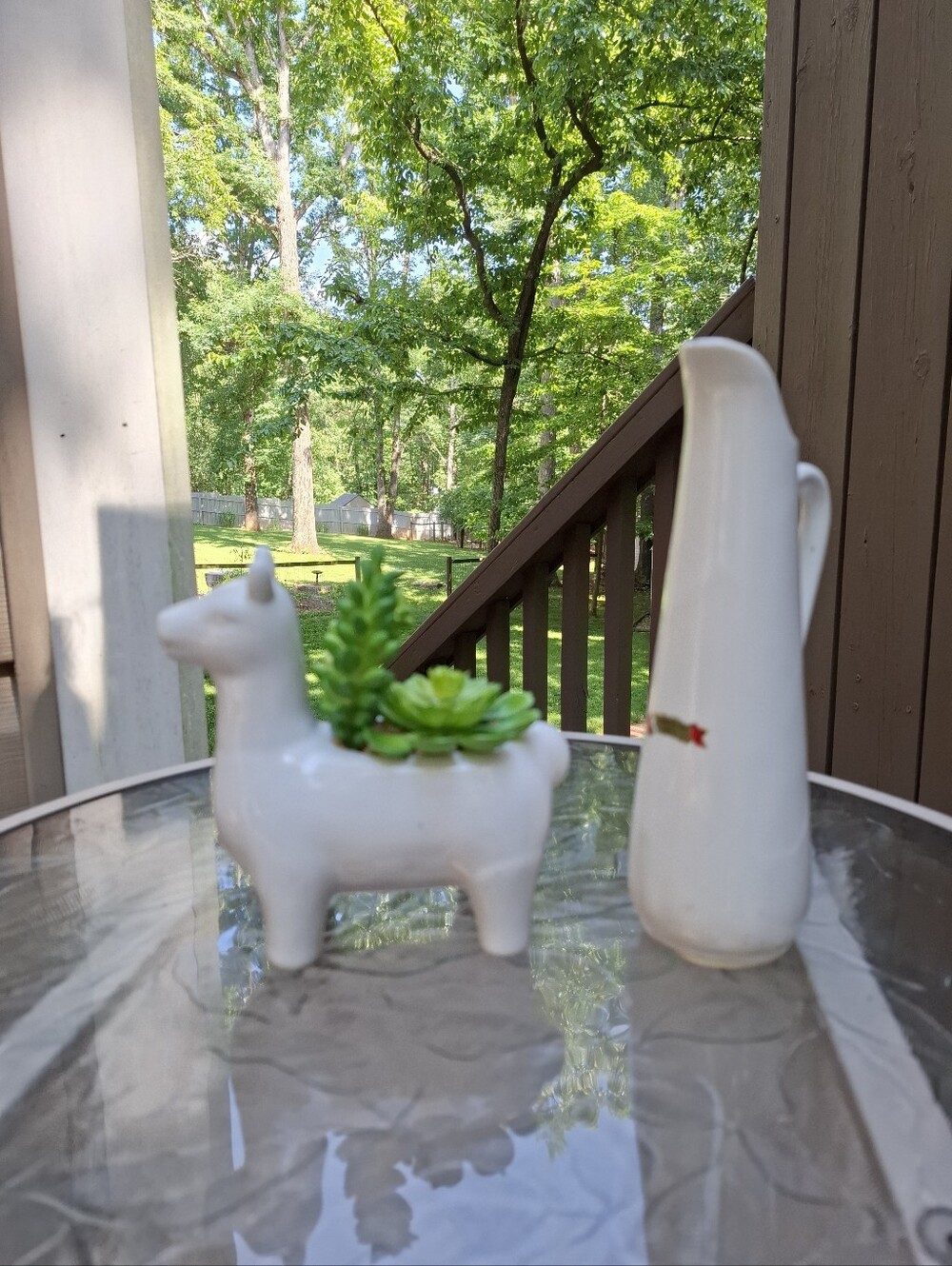 Ceramic Llama  with Faux Succulent & Vintage Pre 1960 Ceramic Vase